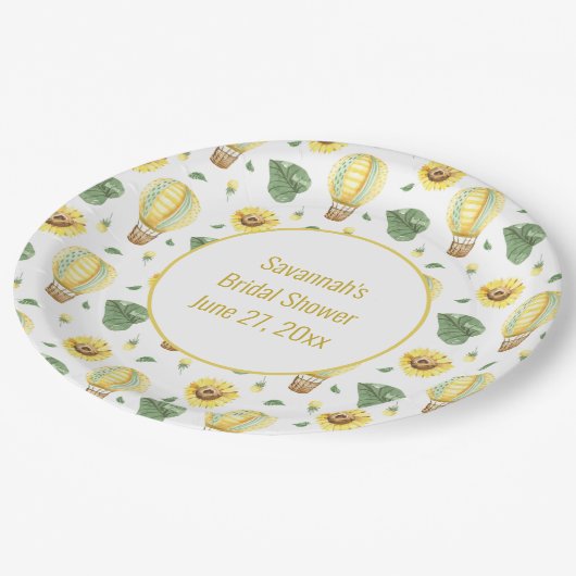 Rustieke hete luchtballon en zonnebloemen bruid  papieren bordje (Gekanteld)