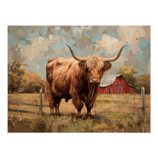 Rustieke Highland Koe en Barn Decoupage Perfect Poster (Voorkant)