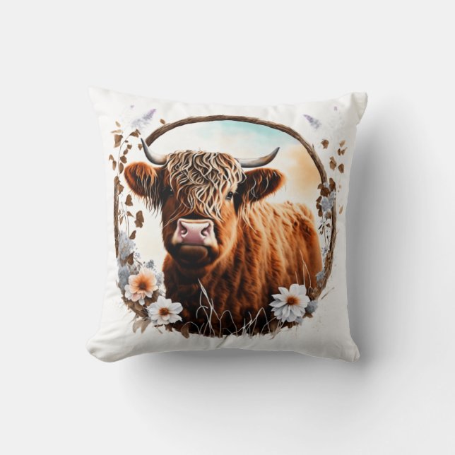 Rustieke Highland Koe en Wildflower Kussen (Voorkant)