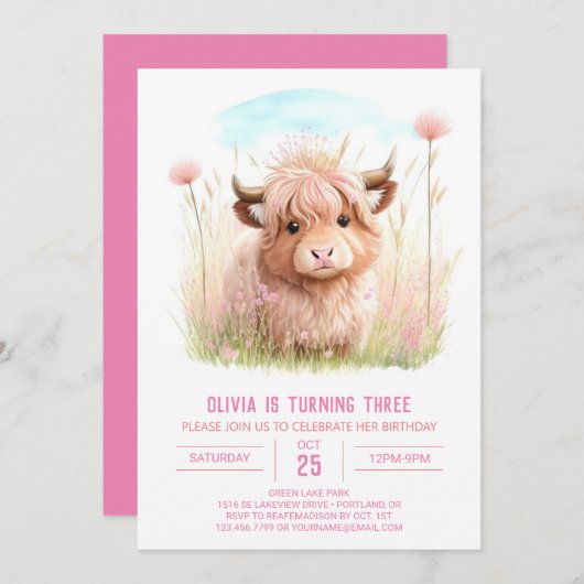 Rustieke Highland Koe Roze Feest Verjaardag Kaart (Voorkant / Achterkant)