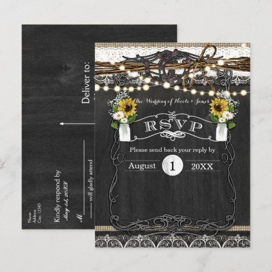 Rustieke Hoefijzers & Bloemen Bruiloft RSVP Kaart (Voorkant / Achterkant)
