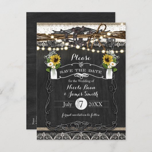 Rustieke Hoefijzers & Bloemen Bruiloft Save the Da Aankondigingskaart (Voorkant / Achterkant)