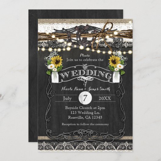 Rustieke Hoefijzers & Bloemen bruiloft uitnodiging (Voorkant / Achterkant)