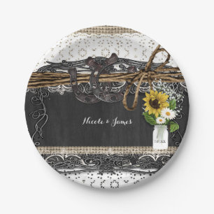 Rustieke hoefijzers & bloemen landelijke trouwplat papieren bordje