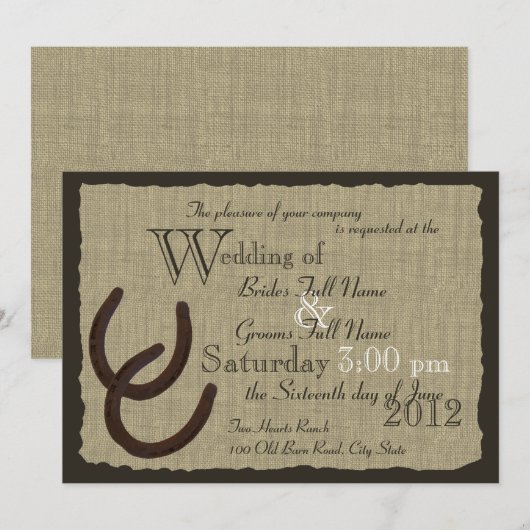 Rustieke Hoefijzers en Burlap Wedding Kaart (Voorkant / Achterkant)