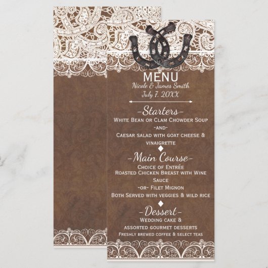 Rustieke Hoefijzers & Kant Land Western Menu Kaart (Voorkant / Achterkant)