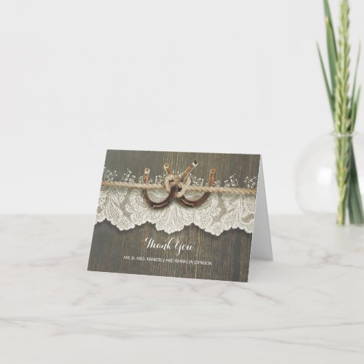 Rustieke Hoefijzers kanten houten bruiloft dank u Bedankkaart (Voorkant)