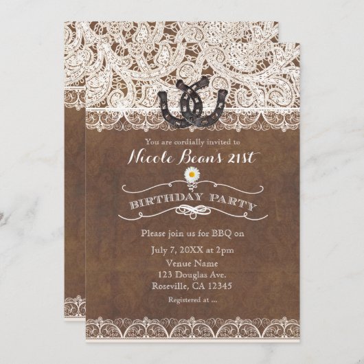 Rustieke Hoefijzers & Lace Country VERJAARDAGSFEES Kaart (Voorkant / Achterkant)