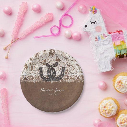 Rustieke Hoefijzers & Lace Country Wedding Borden Papieren Bordje (Feest)