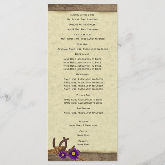 Rustieke Hoefijzers Paarse Daisy Wedding Program Programmakaart (Achterkant)