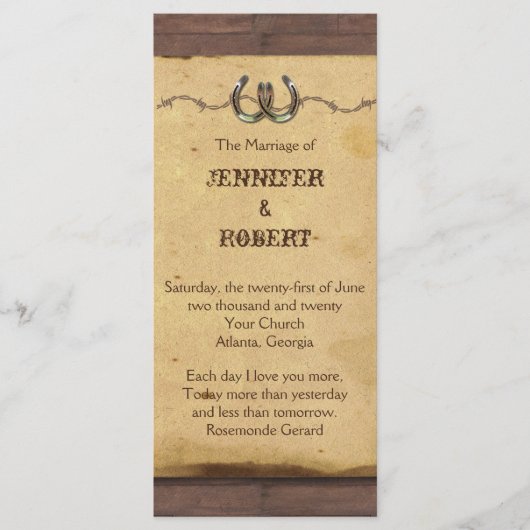 Rustieke Hoefijzers prikkeldraad bruiloft programm Programmakaart (Voorkant)