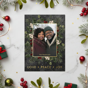Rustieke Holly Berries Black Christmas Love Peace Folie Feestdagenkaart
