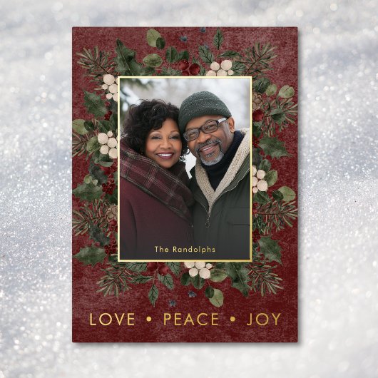 Rustieke Holly Berries Bourgogne Kerst Liefde Vred Folie Feestdagenkaart