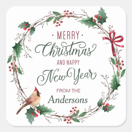 Rustieke Holly Berry krans met vogel gepersonalise Vierkante Sticker (Voorkant)