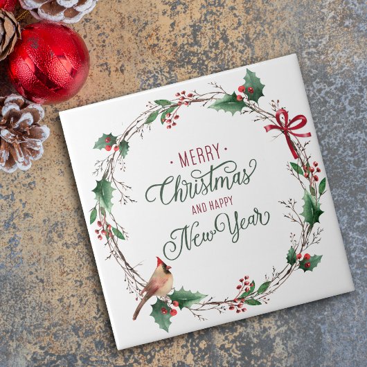 Rustieke Holly Berry krans met Vogelvakantie Tegeltje