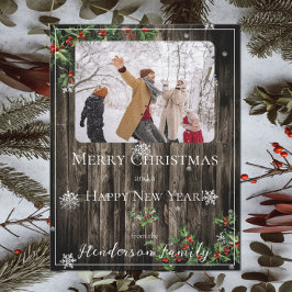 Rustieke Holly Branches Platte vakantie fotokaart Feestdagenkaart