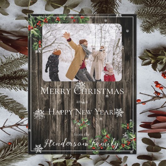 Rustieke Holly Branches Platte vakantie fotokaart Feestdagenkaart