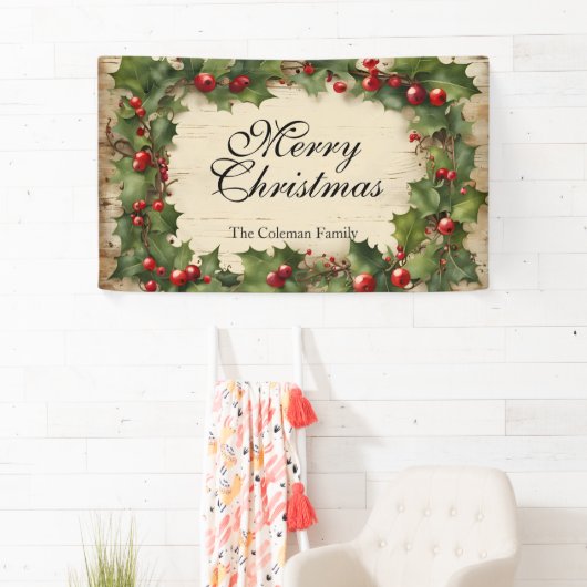 Rustieke  Holly en bessen Vrolijk kerstfeest Spandoek (Insitu)