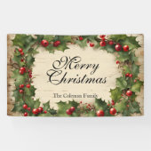 Rustieke  Holly en bessen Vrolijk kerstfeest Spandoek (Horizontaal)