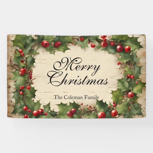 Rustieke  Holly en bessen Vrolijk kerstfeest Spandoek (Horizontaal)
