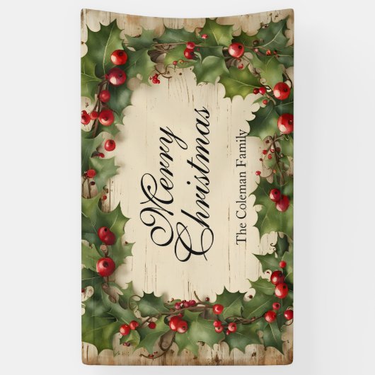 Rustieke  Holly en bessen Vrolijk kerstfeest Spandoek (Verticaal)
