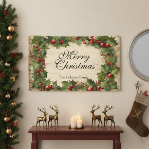 Rustieke Holly en bessen Vrolijk kerstfeest Spandoek