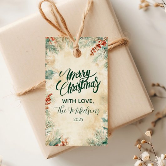 Rustieke Holly en Pine Kerstmis Cadeaulabel