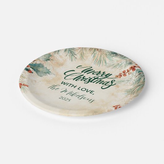 Rustieke Holly en Pine Kerstmis Papieren Bordje (Gekanteld)