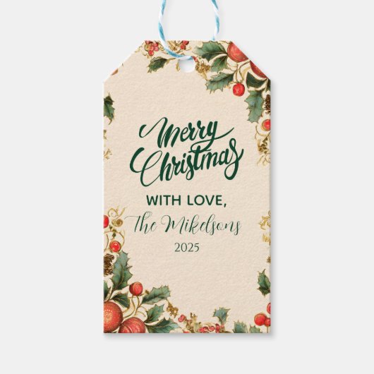 Rustieke Holly Granaatappel Kerstfeest Cadeaulabel (Voorkant)