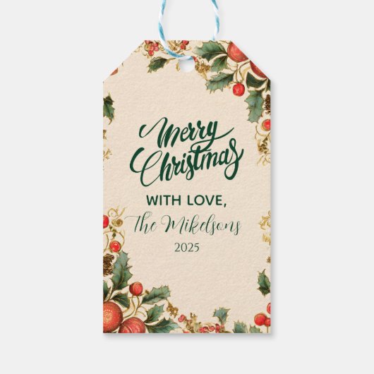 Rustieke Holly Granaatappel Kerstfeest Cadeaulabel (Achterkant)