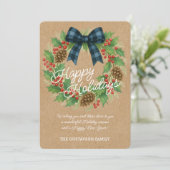 Rustieke Holly Krans Blauw Zwart Geruite Boog Feestdagenkaart (Staand voorkant)