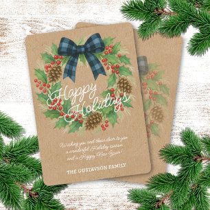 Rustieke Holly Krans Blauw Zwart Geruite Boog Feestdagenkaart
