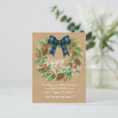 Rustieke Holly Krans Blauw Zwart Geruite Boog Feestdagenkaart (Staand voorkant)