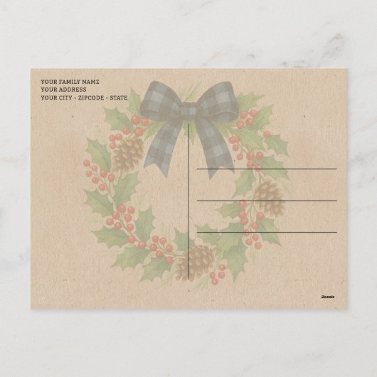 Rustieke Holly Krans Blauw Zwart Geruite Boog Feestdagenkaart (Achterkant)