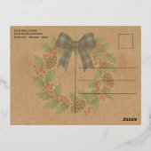 Rustieke Holly Krans Blauw Zwart Geruite Boog Folie Feestdagen Briefkaart (Achterkant)