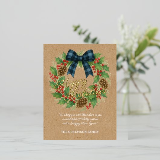 Rustieke Holly Krans Blauw Zwart Geruite Boog Folie Feestdagen Briefkaart (Staand Voorkant)