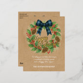 Rustieke Holly Krans Blauw Zwart Geruite Boog Folie Feestdagen Briefkaart (Voorkant / Achterkant)
