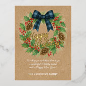 Rustieke Holly Krans Blauw Zwart Geruite Boog Folie Feestdagen Briefkaart (Voorkant)