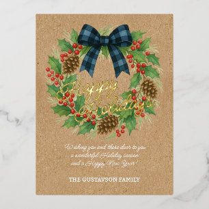 Rustieke Holly Krans Blauw Zwart Geruite Boog Folie Feestdagen Briefkaart