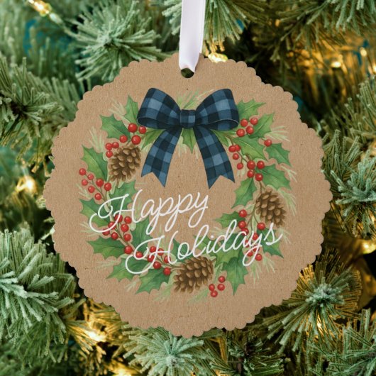 Rustieke Holly Krans Blauw Zwart Geruite Boog Ornament Kaart (Insitu (Drie))