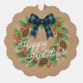 Rustieke Holly Krans Blauw Zwart Geruite Boog Ornament Kaart (Voorkant)