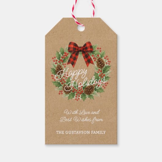 Rustieke Holly Krans Rood Zwart Geruite Boog Cadeaulabel (Voorkant)