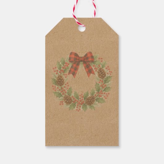 Rustieke Holly Krans Rood Zwart Geruite Boog Cadeaulabel (Achterkant)