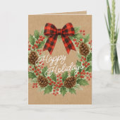 Rustieke Holly Krans Rood Zwart Geruite Boog Feestdagen Kaart (Voorkant)