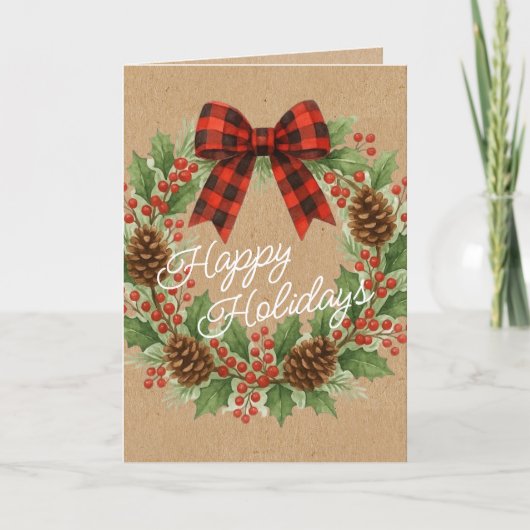Rustieke Holly Krans Rood Zwart Geruite Boog Feestdagen Kaart (Voorkant)