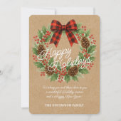 Rustieke Holly Krans Rood Zwart Geruite Boog Feestdagenkaart (Voorkant)