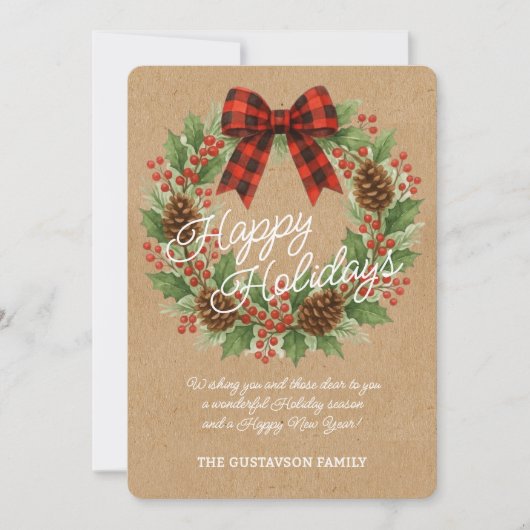 Rustieke Holly Krans Rood Zwart Geruite Boog Feestdagenkaart (Voorkant)