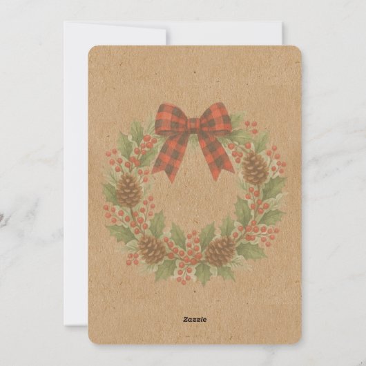 Rustieke Holly Krans Rood Zwart Geruite Boog Feestdagenkaart (Achterkant)