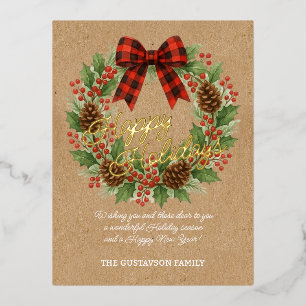 Rustieke Holly Krans Rood Zwart Geruite Boog Goud Folie Feestdagen Briefkaart