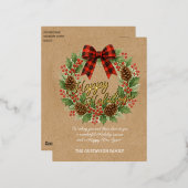 Rustieke Holly Krans Rood Zwart Geruite Boog Goud Folie Feestdagen Briefkaart (Voorkant / Achterkant)